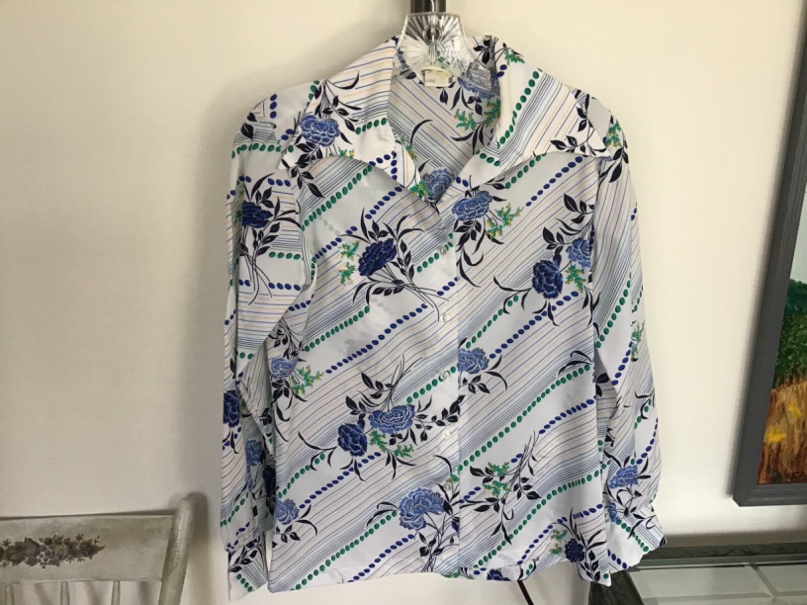 Vintage 70’s GAILORD Texturized Polyester Blue Floral Blouse Size 8 Disco Era!