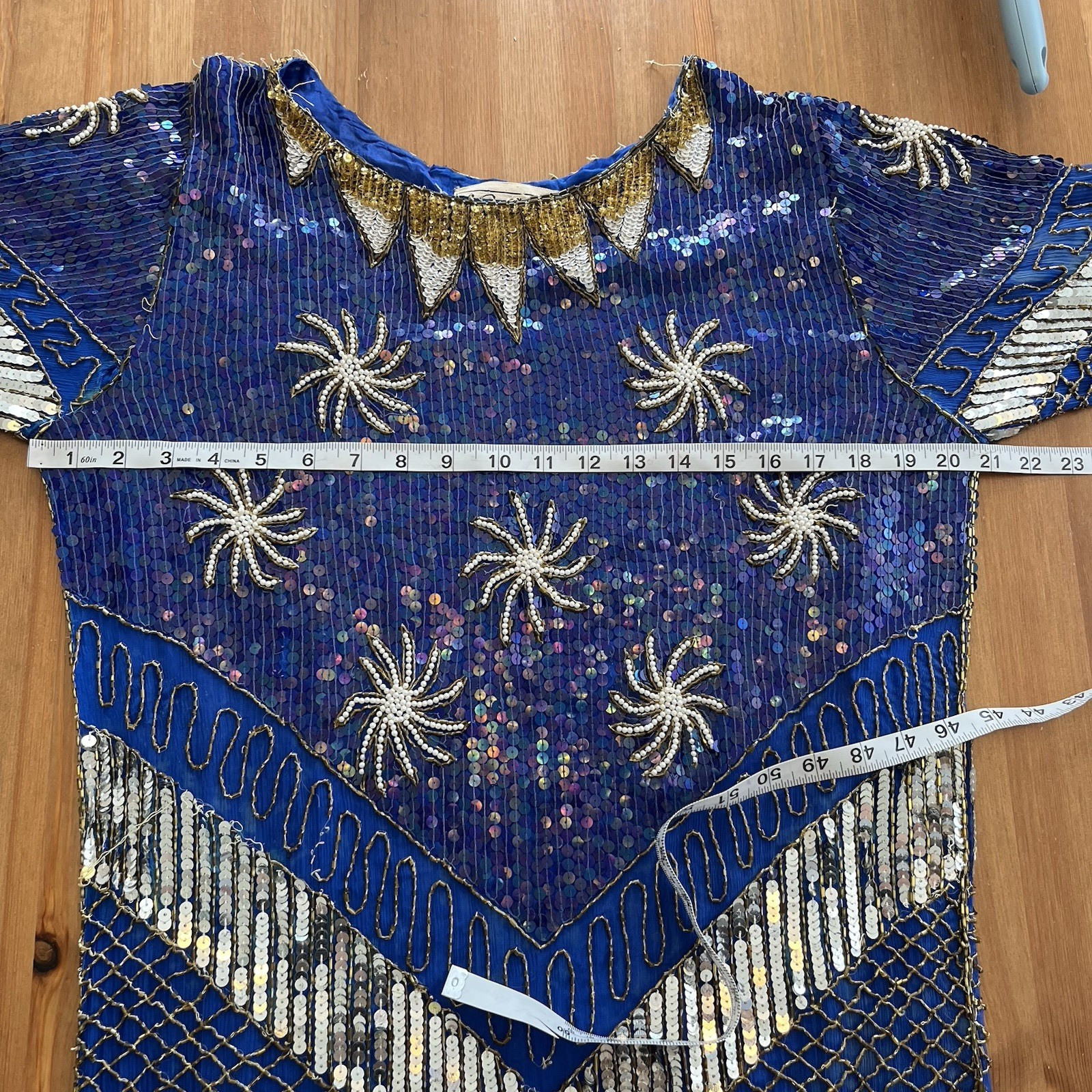 Vintage 80’s Chanson D’Amour Womens Flapper Dress 100% Silk Sequin Beaded Blue