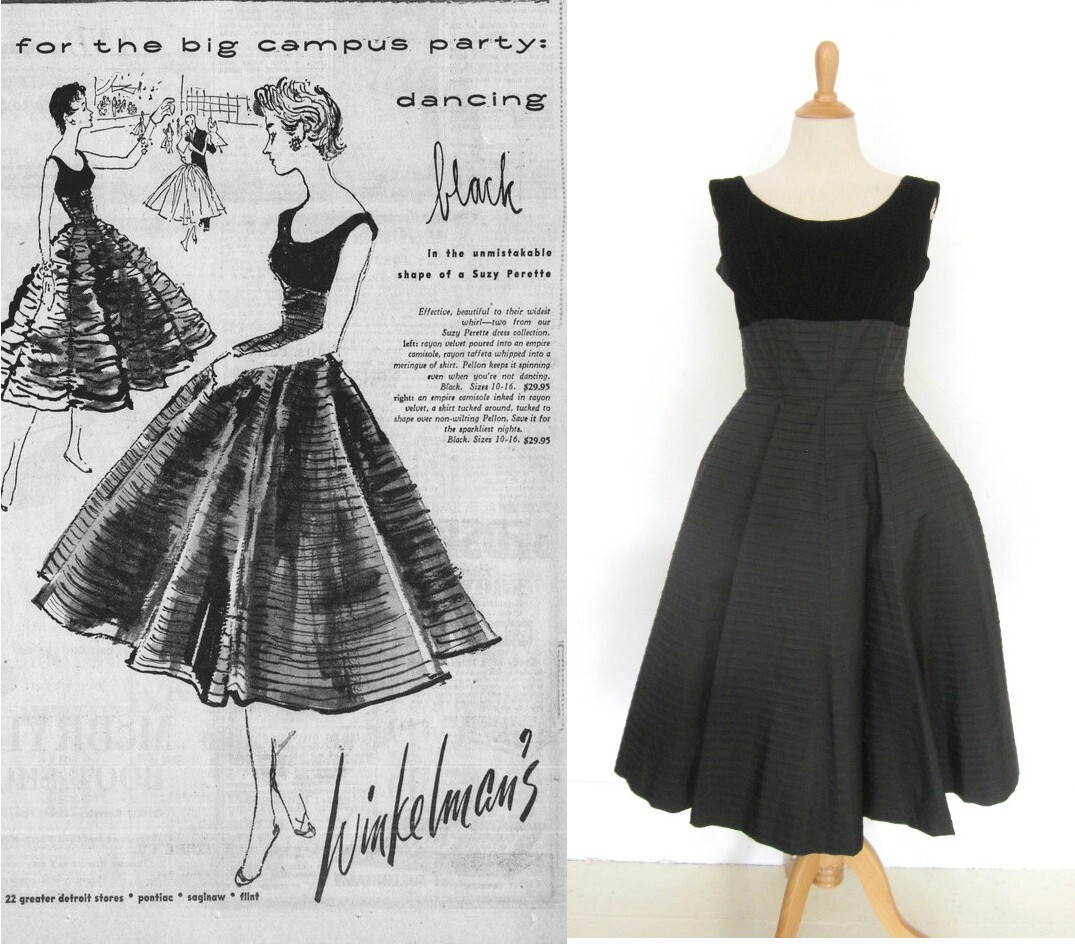 Vtg 50s Suzy Perette Black New Look Cocktail Dress S Fit & Flare Velvet Empire