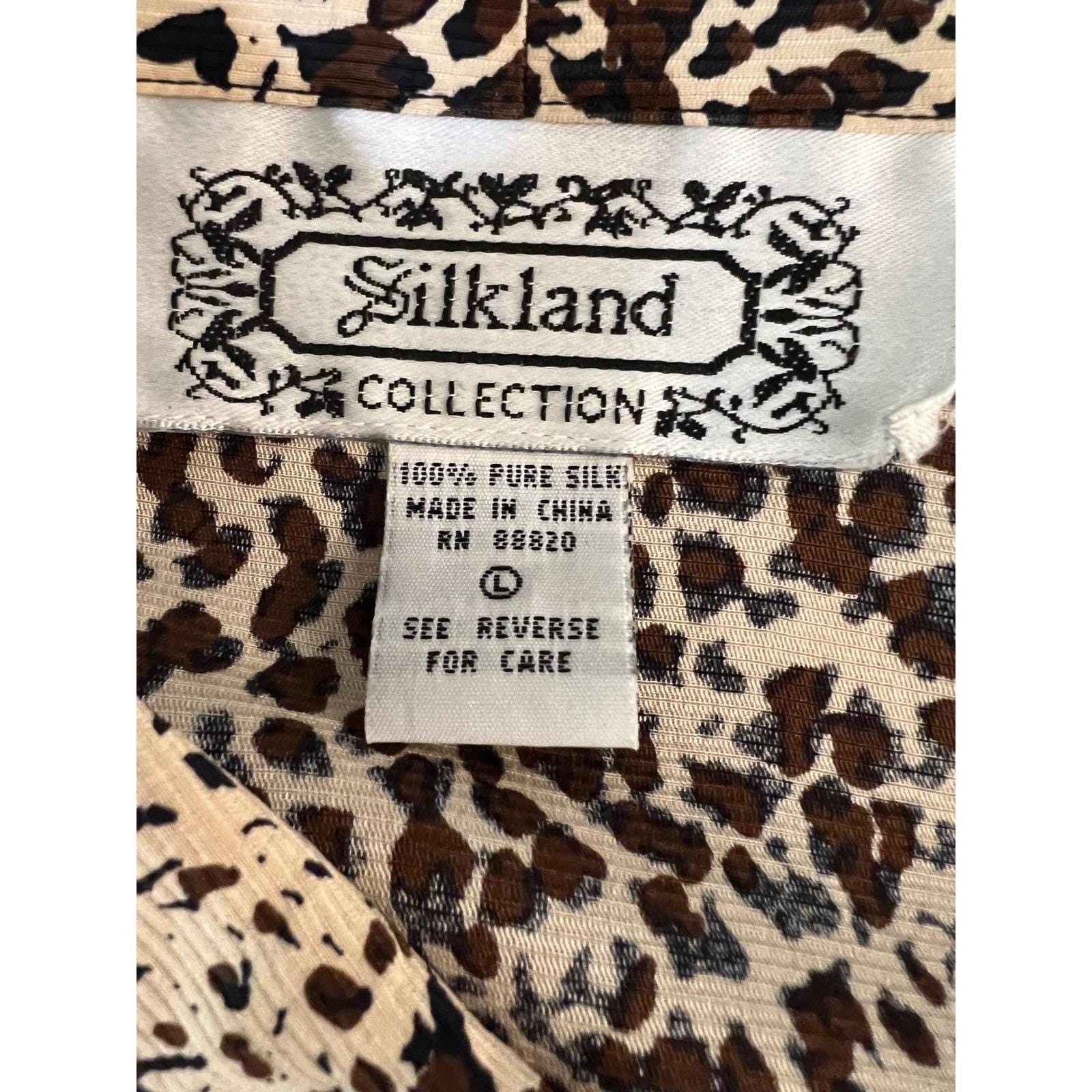 Vintage Silkland Brown Silk Leopard Print Button Up Blouse Large