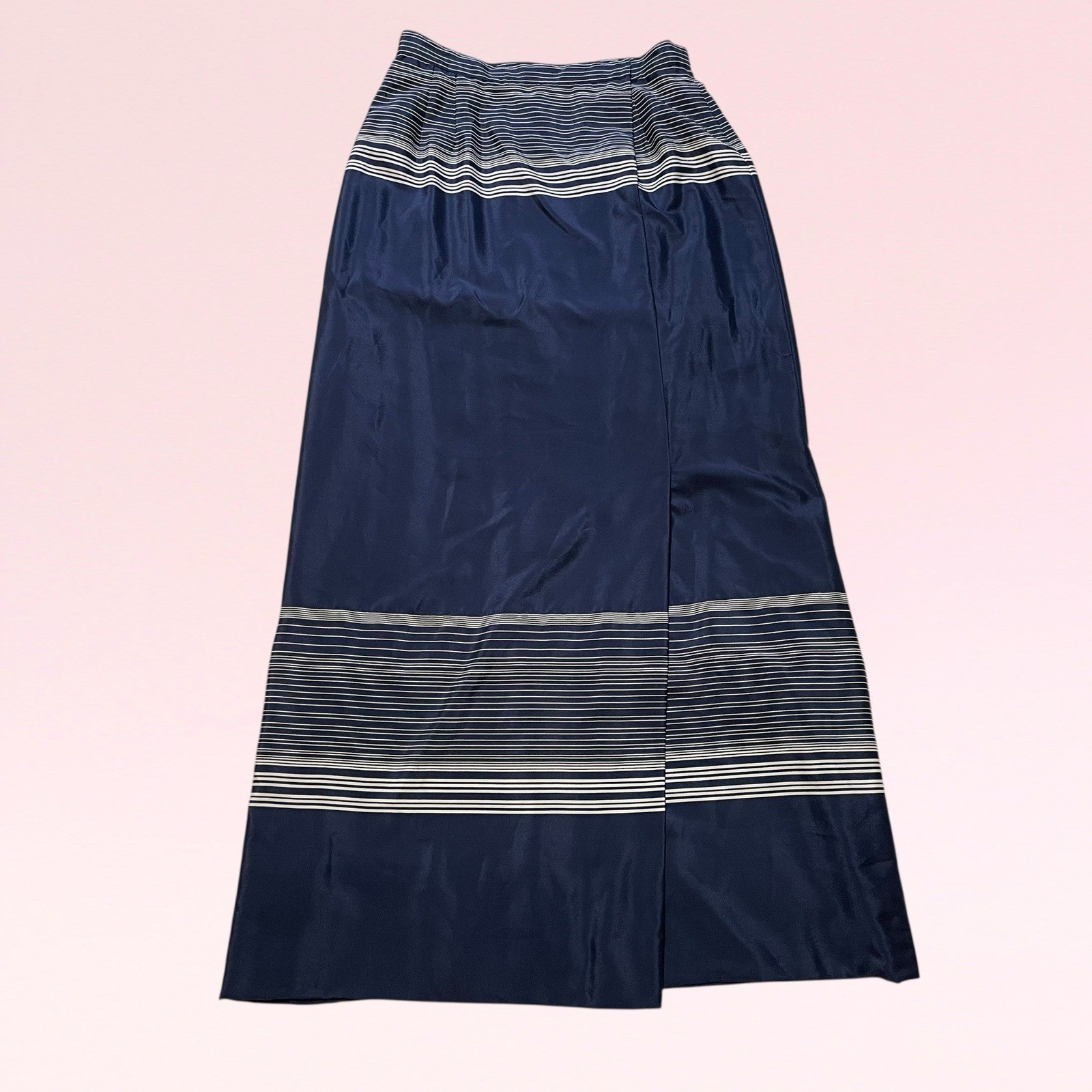 vintage 70s Malcolm Starr navy blue white striped wrap maxi skirt S/M flawed