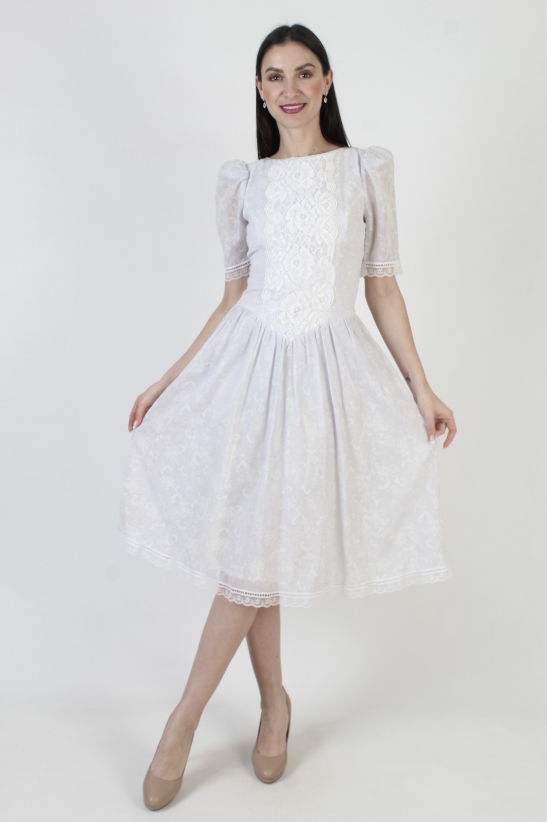 Vtg Jessica McClintock Victorian Dress Lace Full Skirt Edwardian Midi Tea Gown