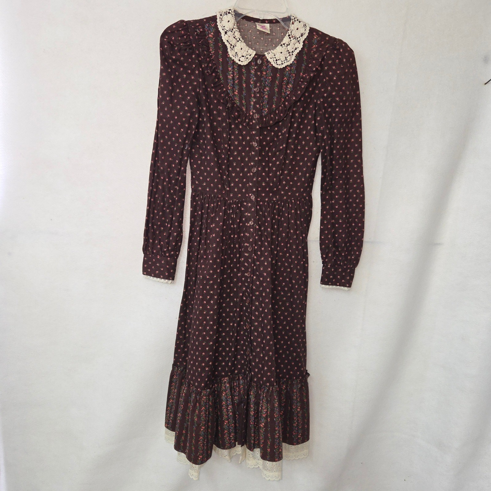 Candi Jones Dress Women 3 Brown Floral Lace Prairie Cottagecore Vintage 70s