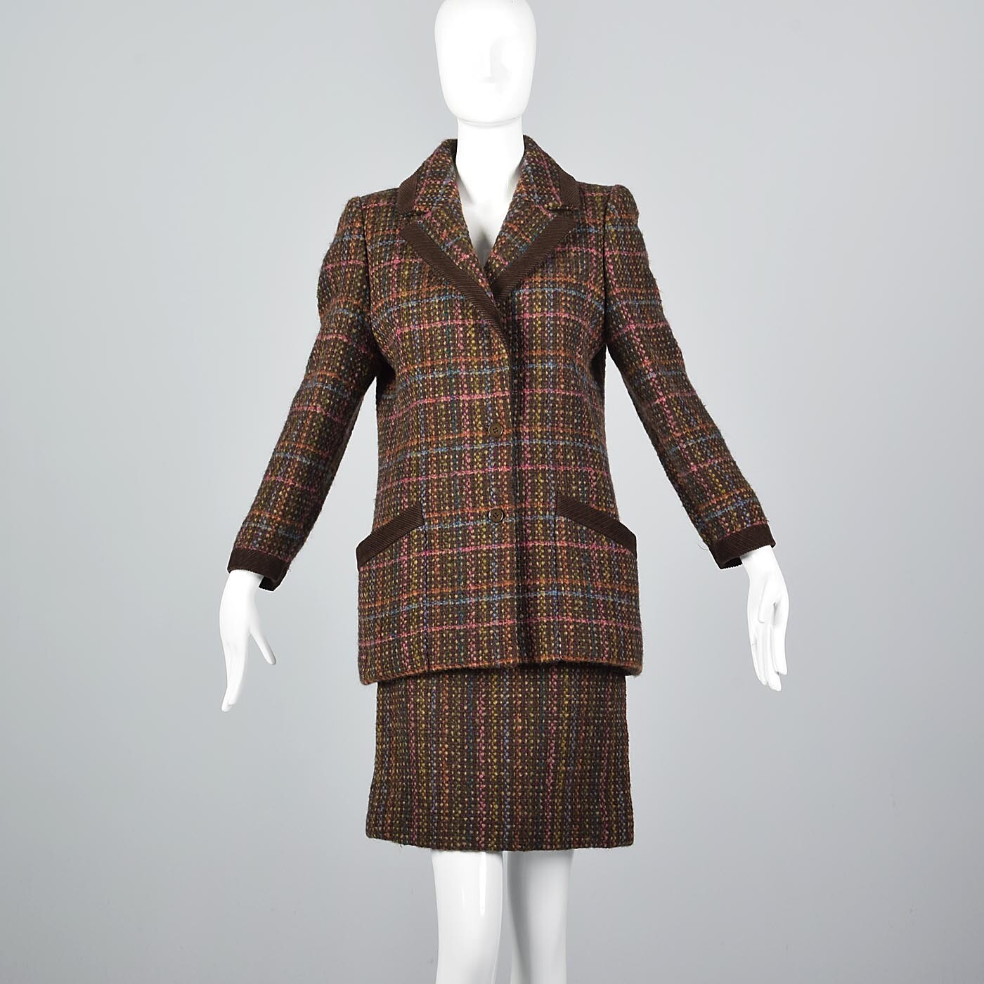 M Salvatore Ferragamo Brown Skirt Suit Wool Mohair Chunky Tweed Corduroy Winter