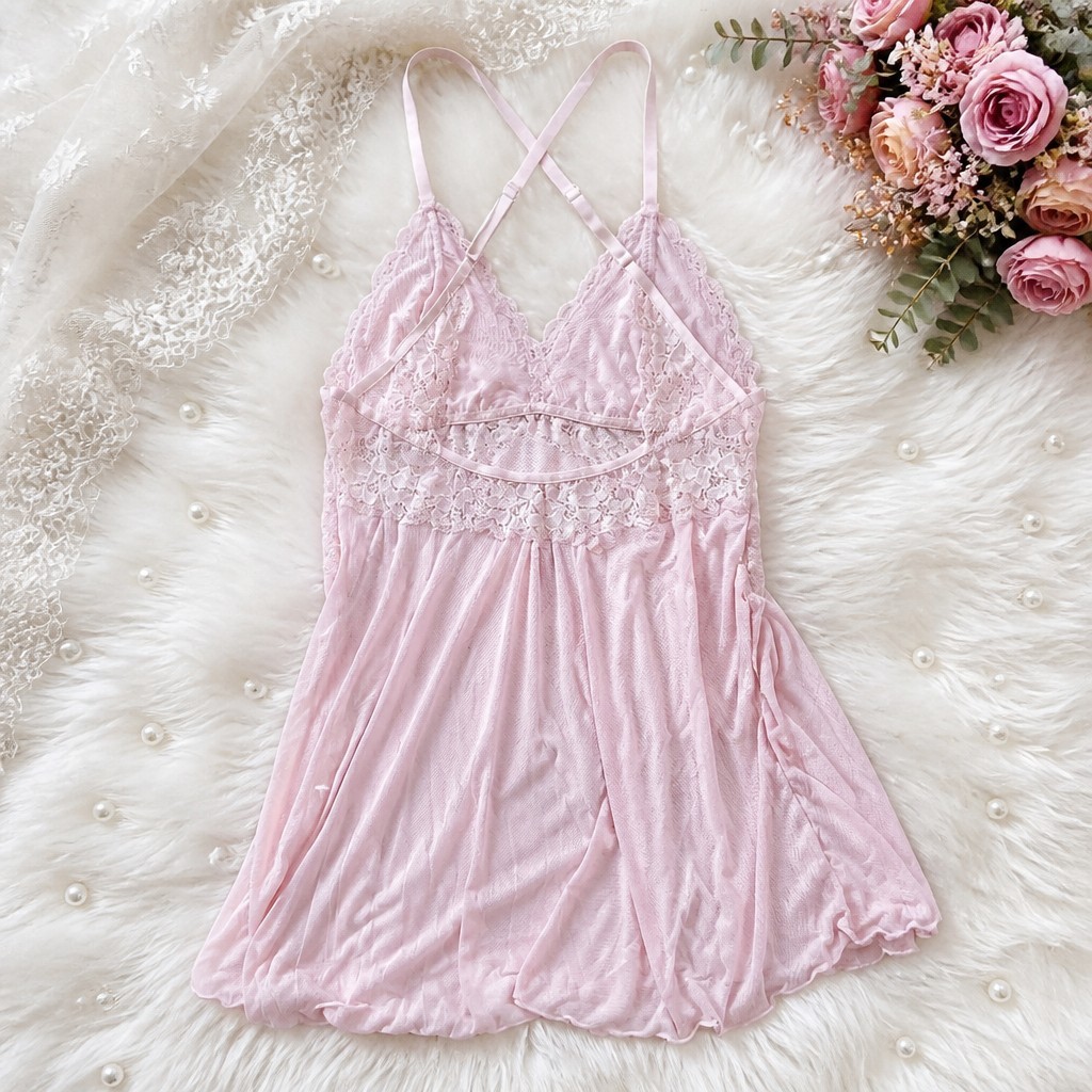 Pink Lace babydoll nightgown adjustable spaghetti straps and a small Bow. Sz M