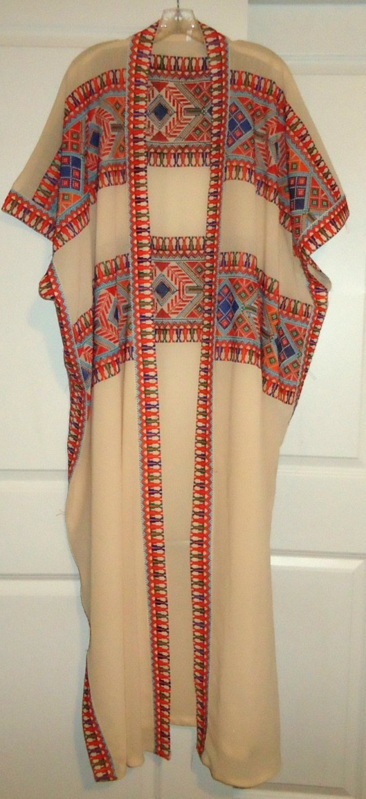 Vtg 1980s Handmade Multicolor Embroidered Beige Bisht Cape/Robe O/S