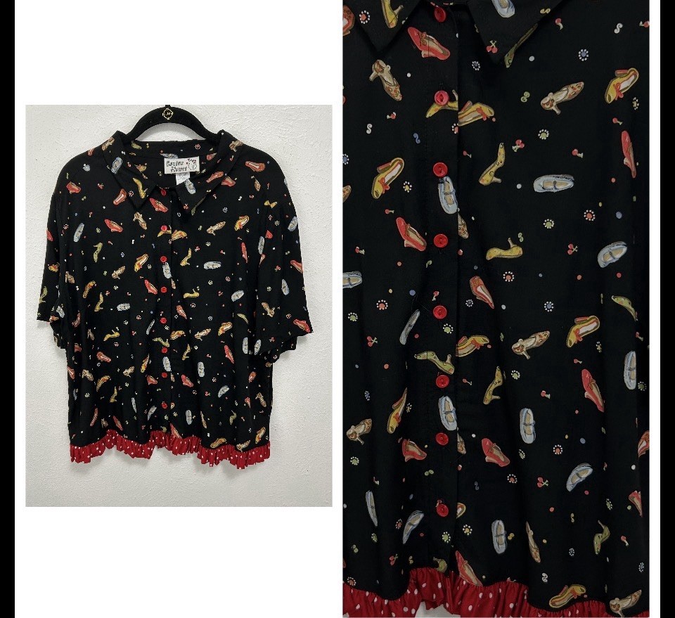 VTG 80s Cactus Flower Women’s Heels Shoes Novelty Print Blouse Ruffle Trim Sz S