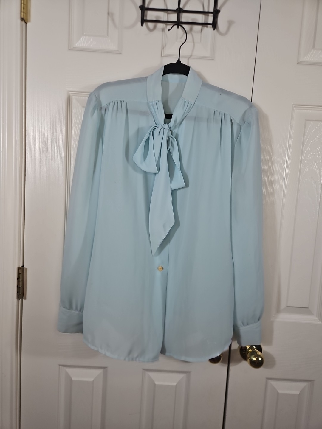 Vintage 80s Sheer Pussybow Blouse, Blue L/XL Cottagecore Prairie Whimsical Twee