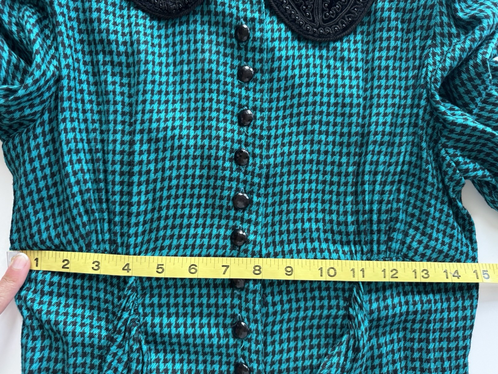 Vintage 80s Sarah Elizabeth Beaded collar Teal Gingham Goth Check Maxi Dress