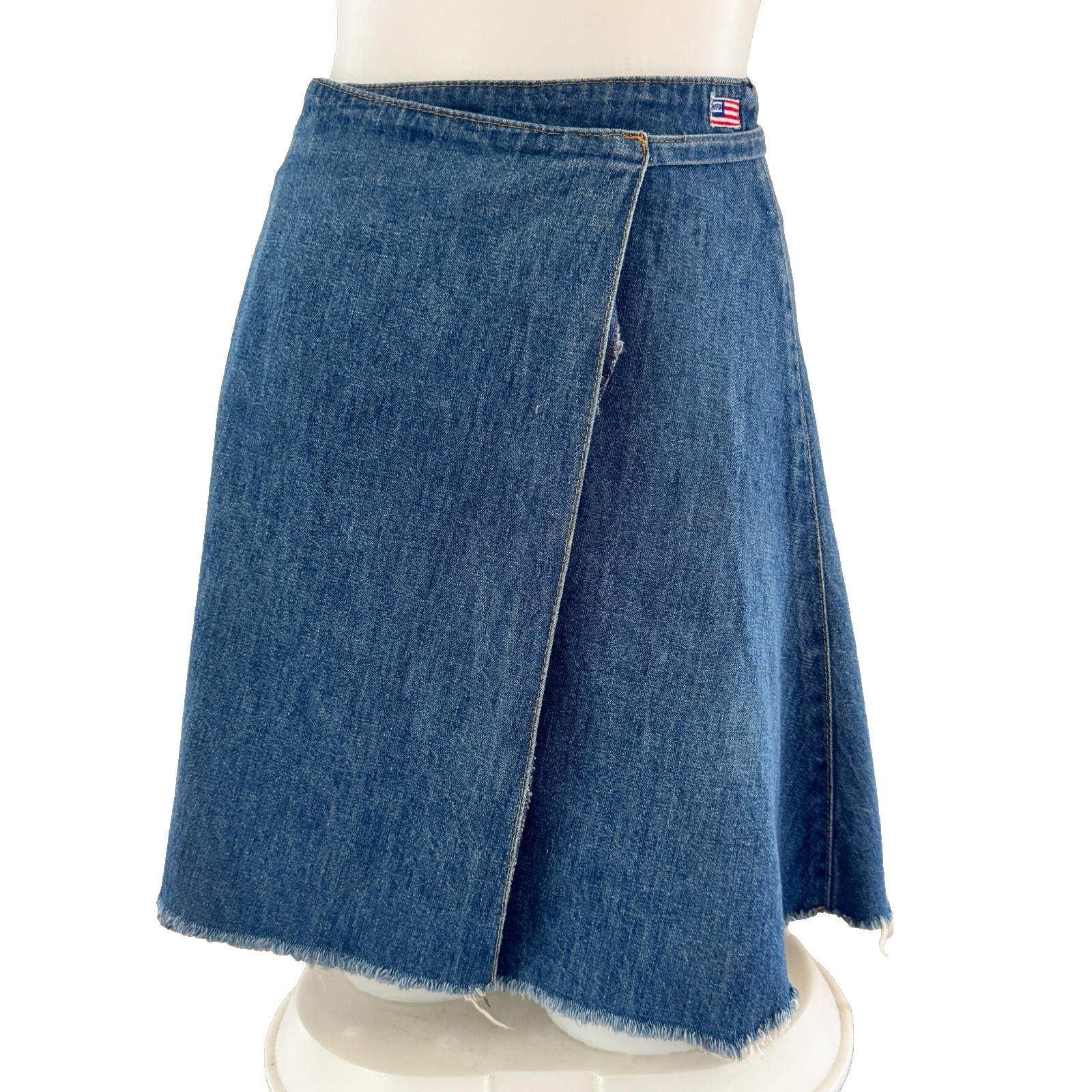 70s vintage UFO JEANS Denim Cut-off Wrap Mini Skirt USA NY American Flag Patch