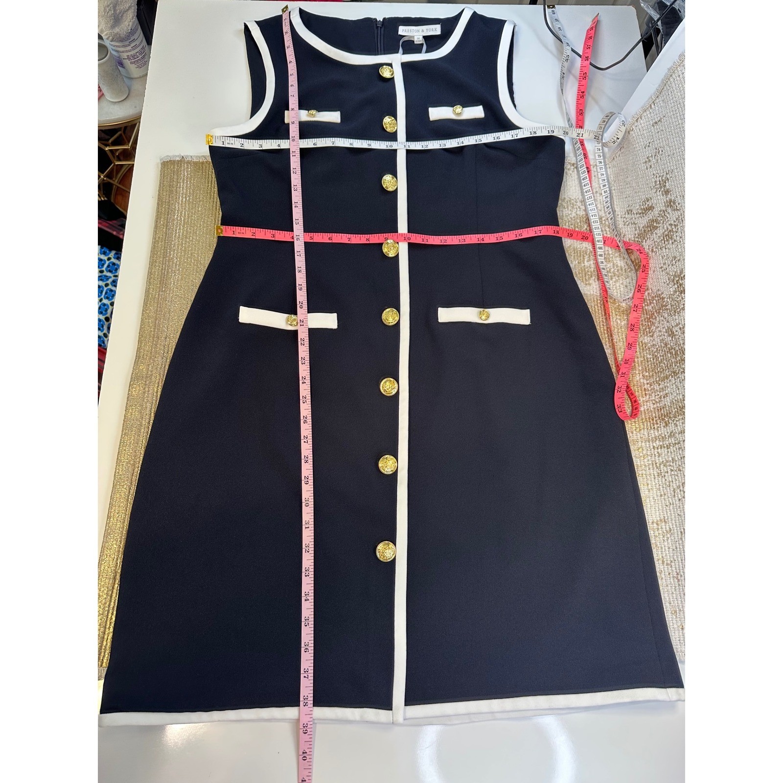PRESTON & YORK Navy Blue & White Sleeveless Sailor Dress Gold Buttons NWT | 14