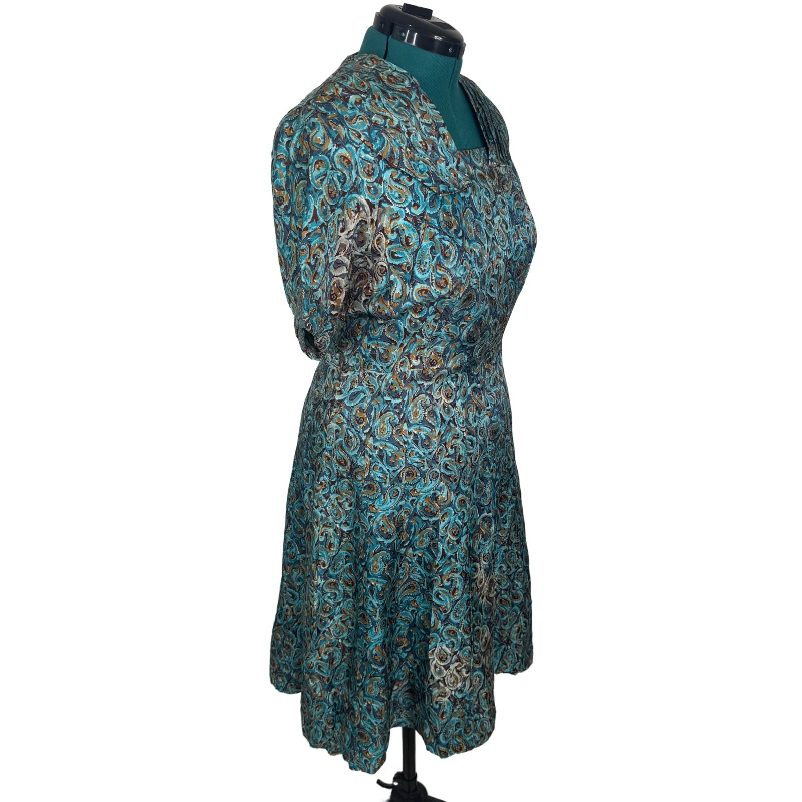 Vintage 1940s Clayton New York Rayon Print Dress Metal Zip Day Dress Swirl Print