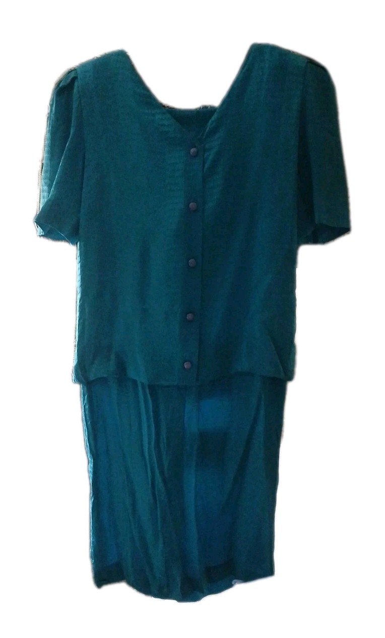 Teal Silk Blouson Dress Liz Claiborne 1980s Back Button sz 8