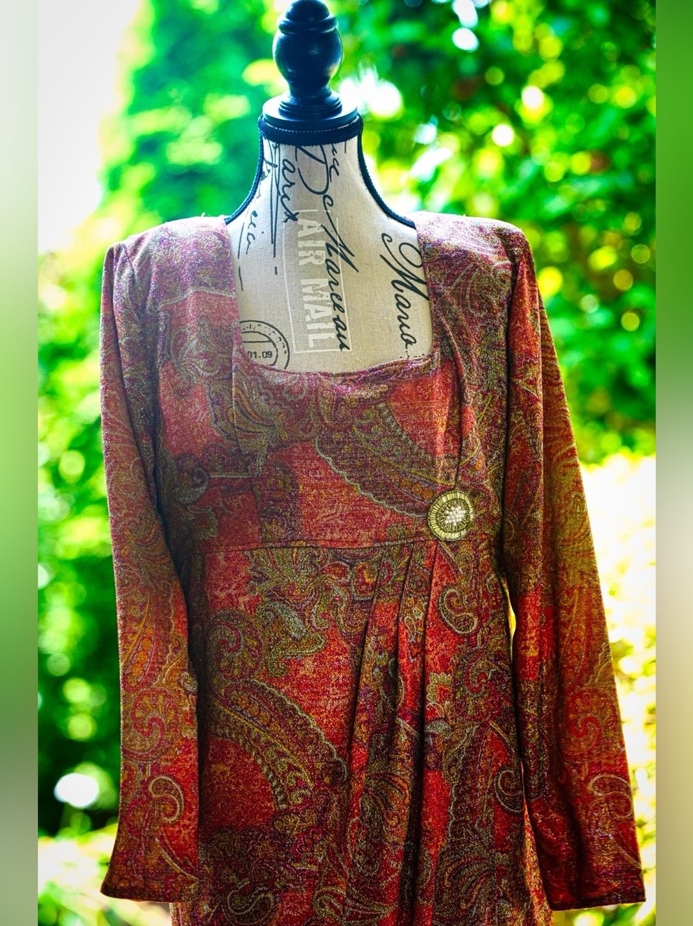 Vintage Paisley Print Maxi Dress Long Sleeve Boho 70s Style No Tags