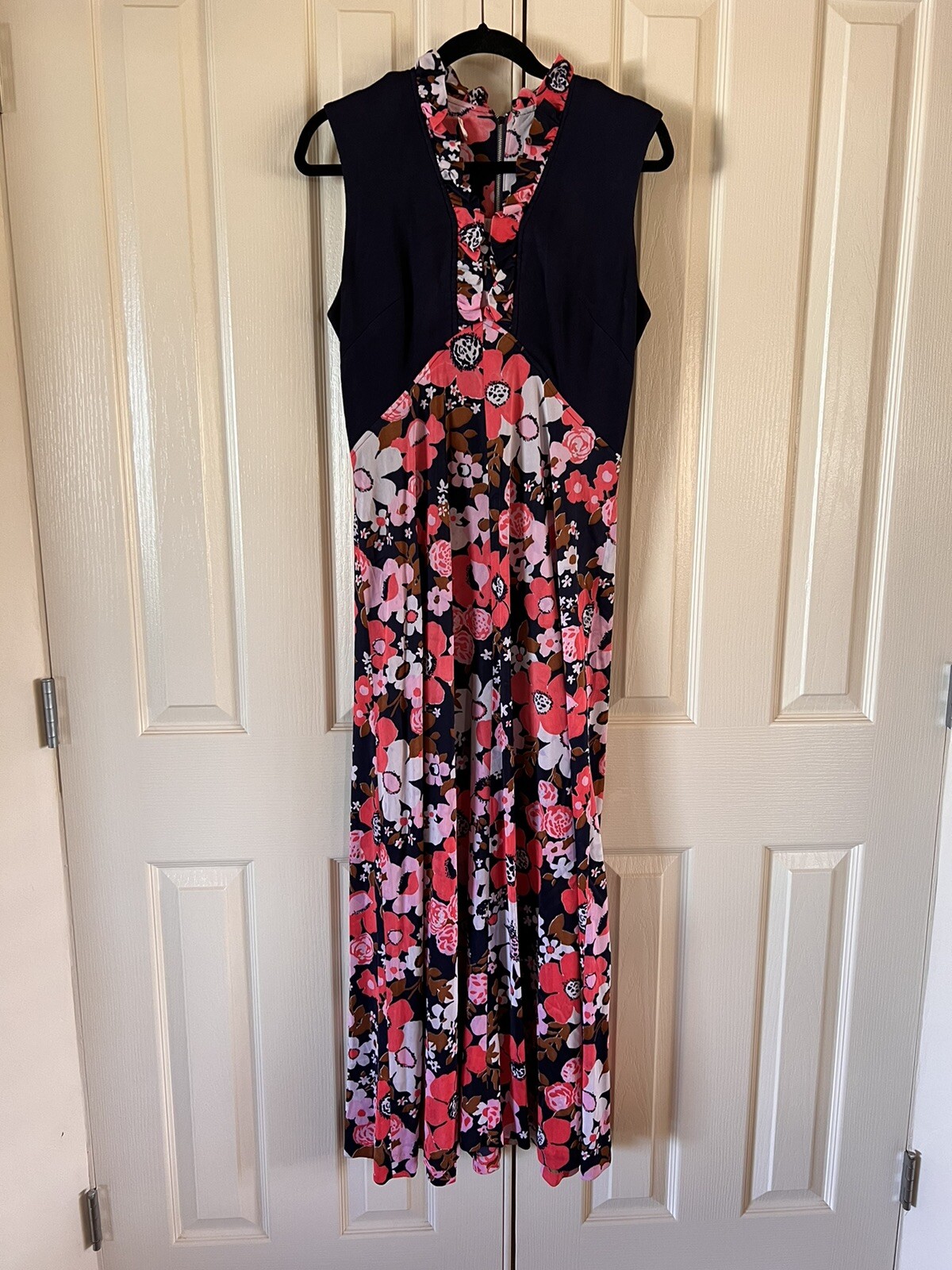 vintage 70s floral maxi dress navy with pink white flowers sleeveless ruffle