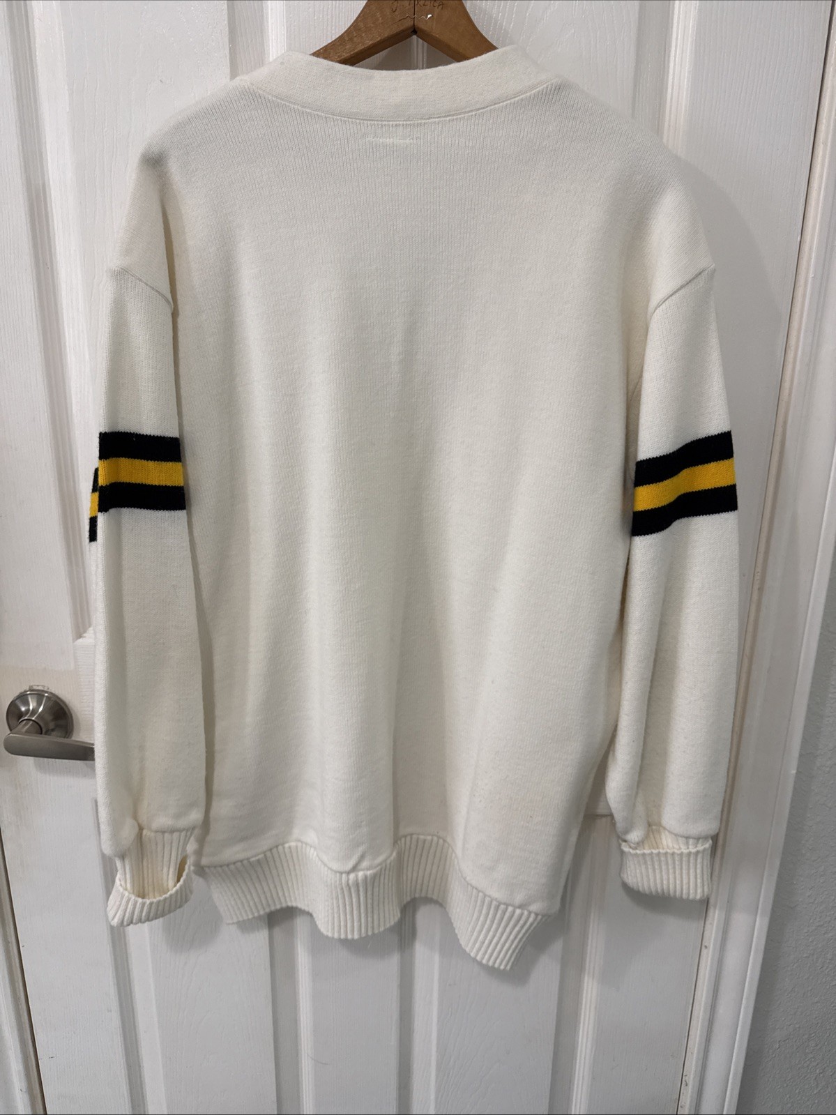 Vintage Varsity Letterman Sweater Black Yellow White Off Stripes Sleeve Large US