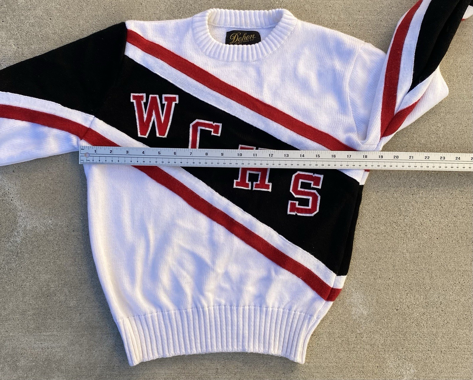 Vintage 80s Dehen Cheerleader Sweater WCHS White Black Red Acrylic Knit Size M