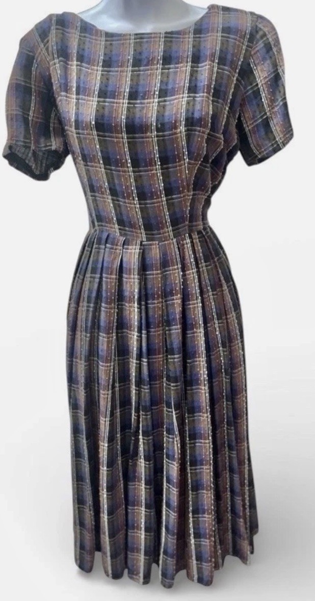 Vtg 1950s Plaid Pleated Day Dress S/M Metal Zipper Textured Fabric Short Sleeve
