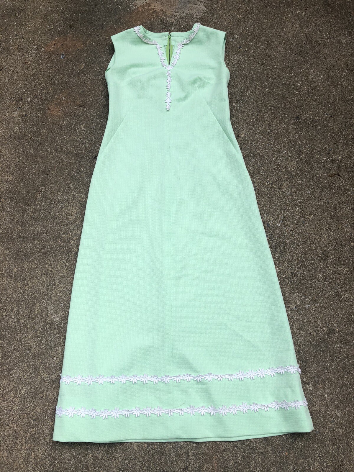 VTG 70s Mint Green Waffle Texture Polyester Sleeveless Floral Lace Maxi Dress~XS