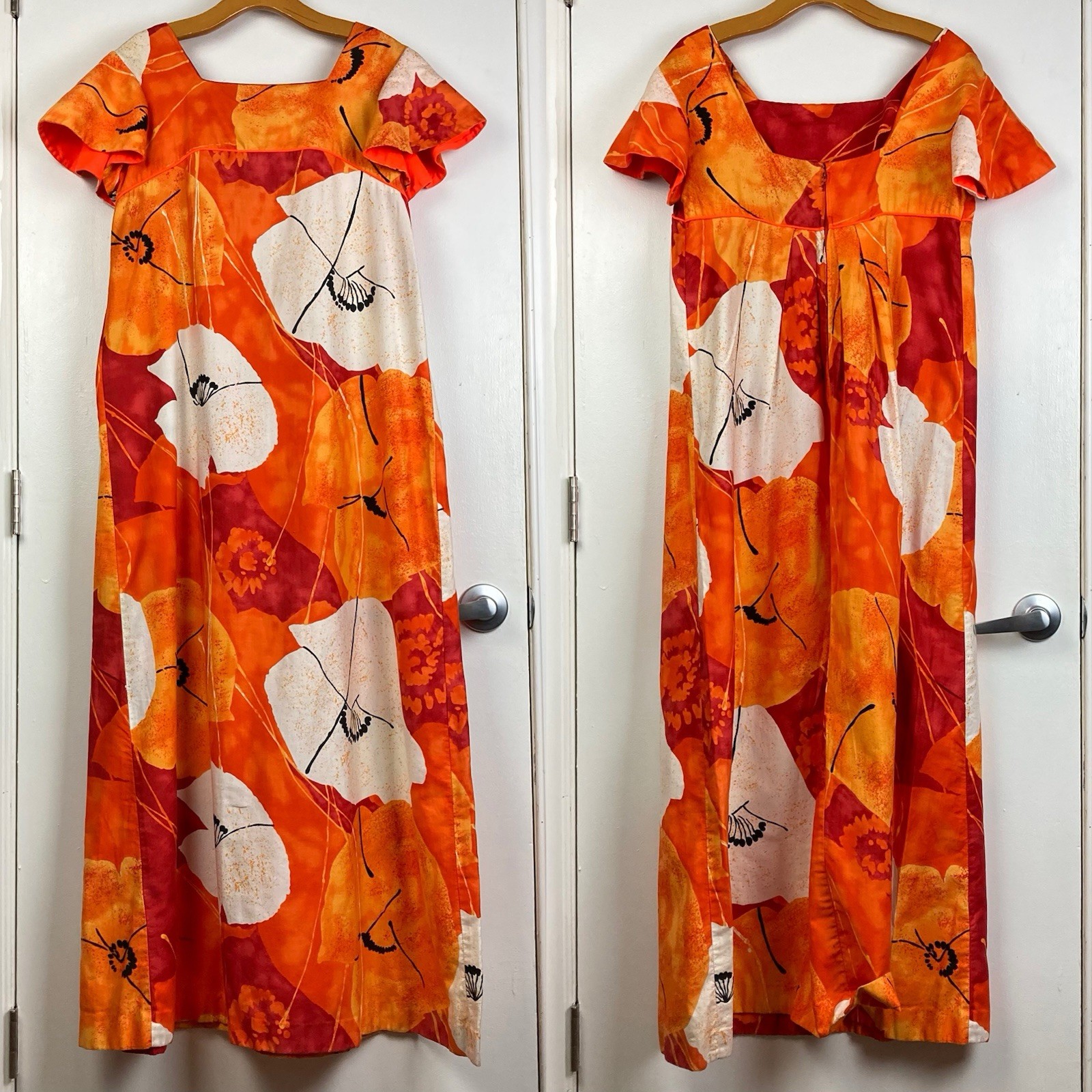 McInerny Hawaii Vintage Vtg 1970s 70s Maxi Mumu Poppy Floral Orange Dress sz L