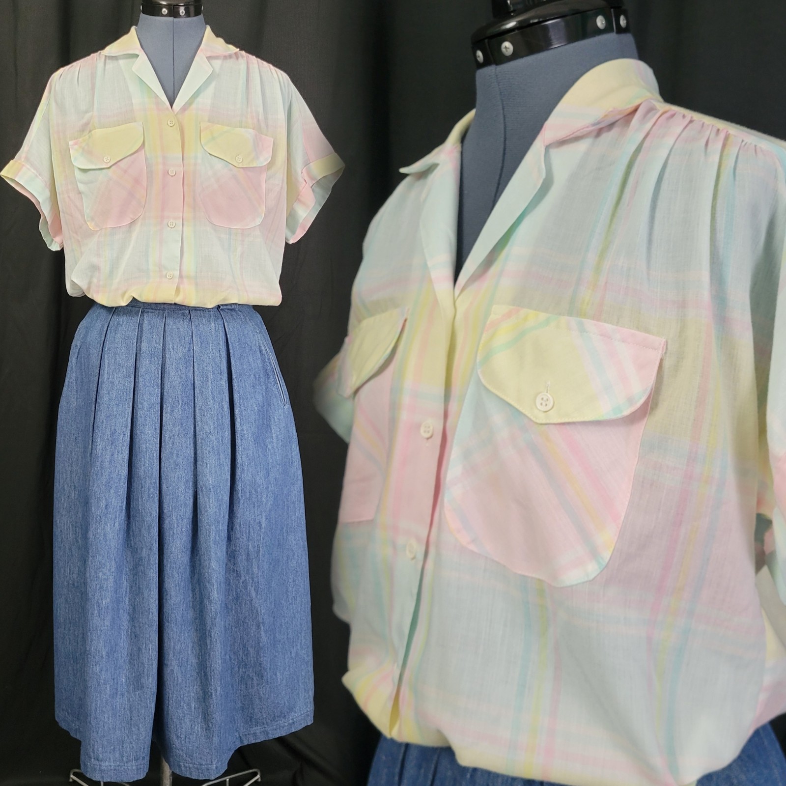 Vintage Elmbrook Pastel Plaid Button Down S/S Shirt w Pockets Size 14