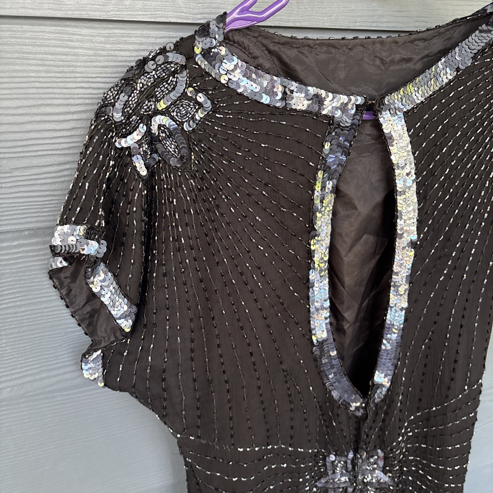 Vintage John Charles London Evening Gown Dress, Black Beaded Sequins, Size US-6