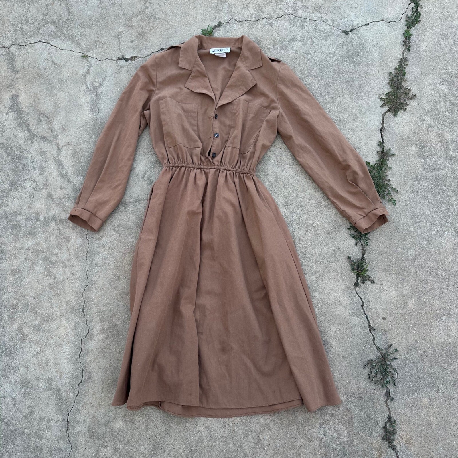 American Shirt Dress Vintage 80s Shirt Dress Collared Pockets Brown Size 10P