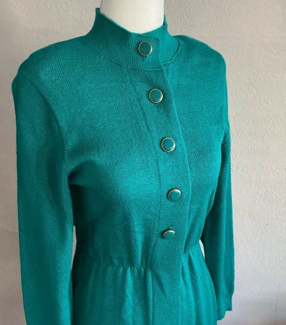 Vintage Sweater Dress Schrader Knit Teal Green Button Front Preppy Classic 2 XS