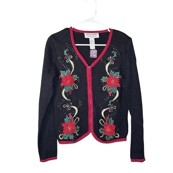 VINTAGE Heirloom Collectibles Christmas Sweater Womens M Knit Full Zip Acrylic