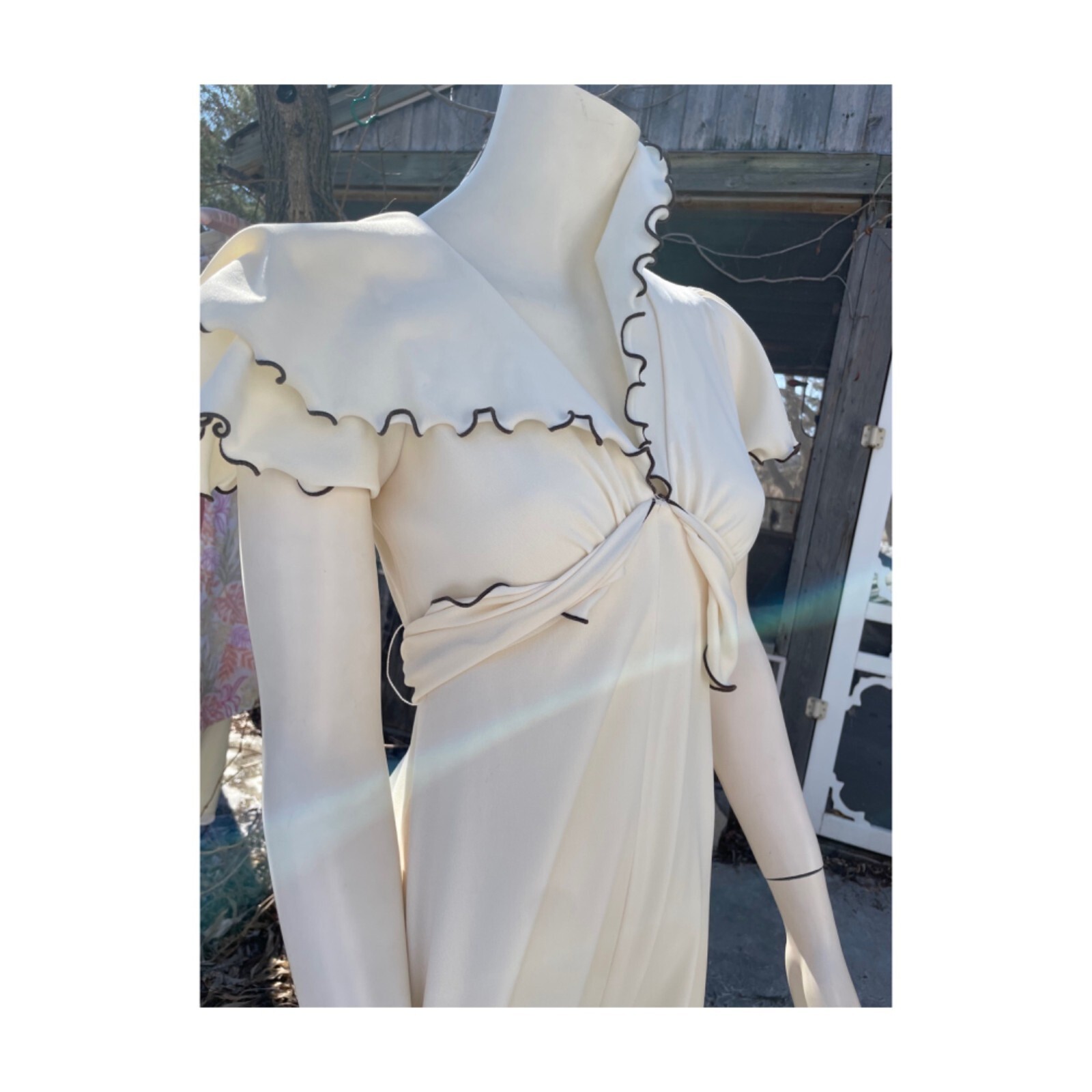 70s Ivory Maxi Dress Brown Ruffle Trim V Neck Cap Sleeve Wide Collar Wide Sash