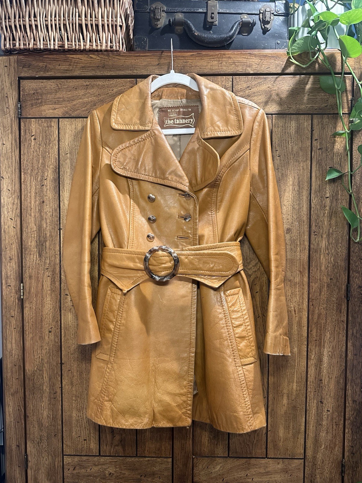 The Tannery Leather Tan Belted Double Breasted Coat Size 11/12