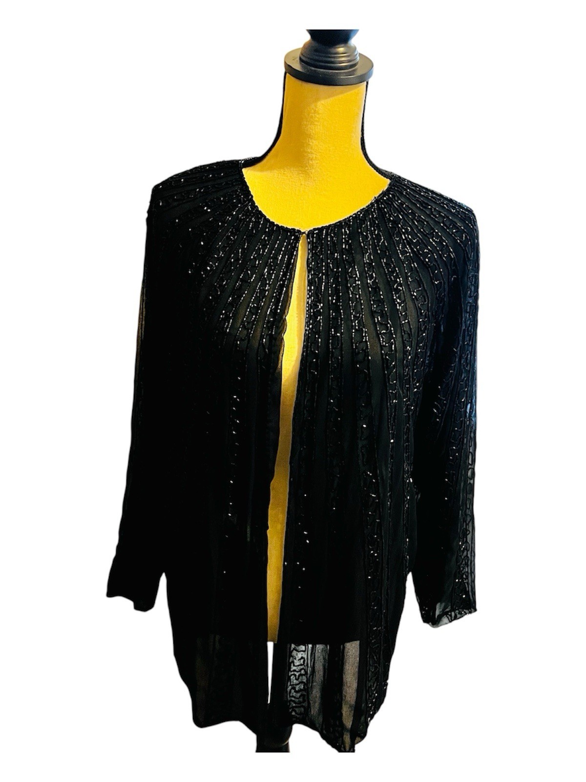 Vintage 80s NITELINE By Della Roufogali Black Sheer 100% Silk Beaded Jacket XL