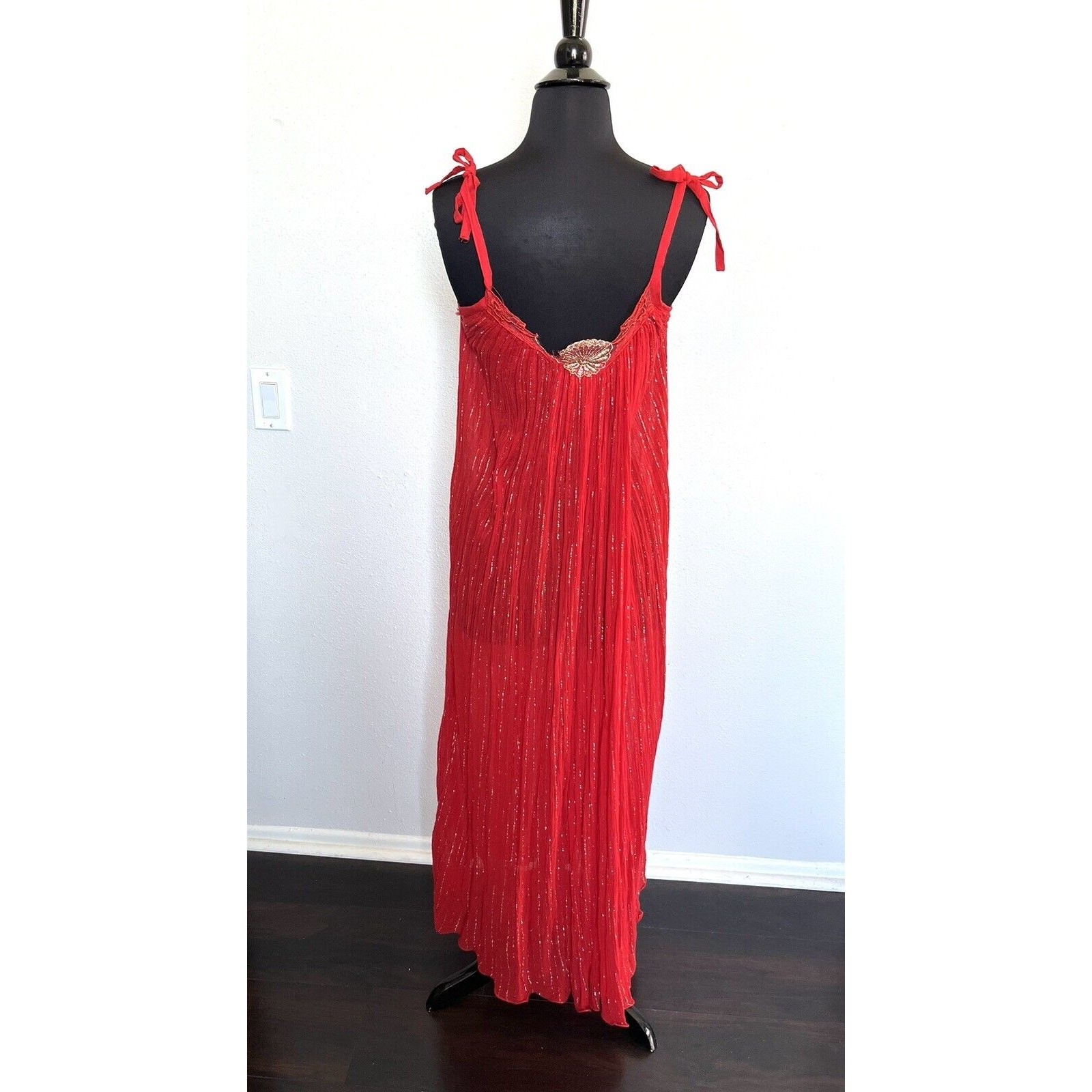 Vintage Rare Maxi Dress M Cotton Gauze Made in Greece Red Gold Thread Boho