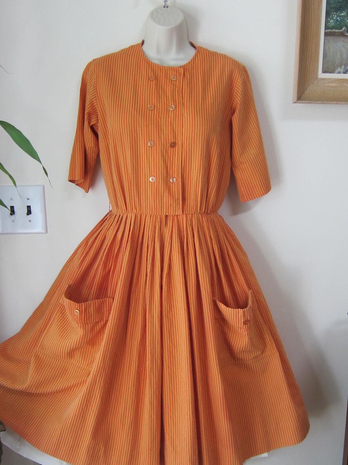 Jerry Gilden VTG 40’s 50’s Orange/Yellow Stripe Seersucker Dress~Pockets~Sz S