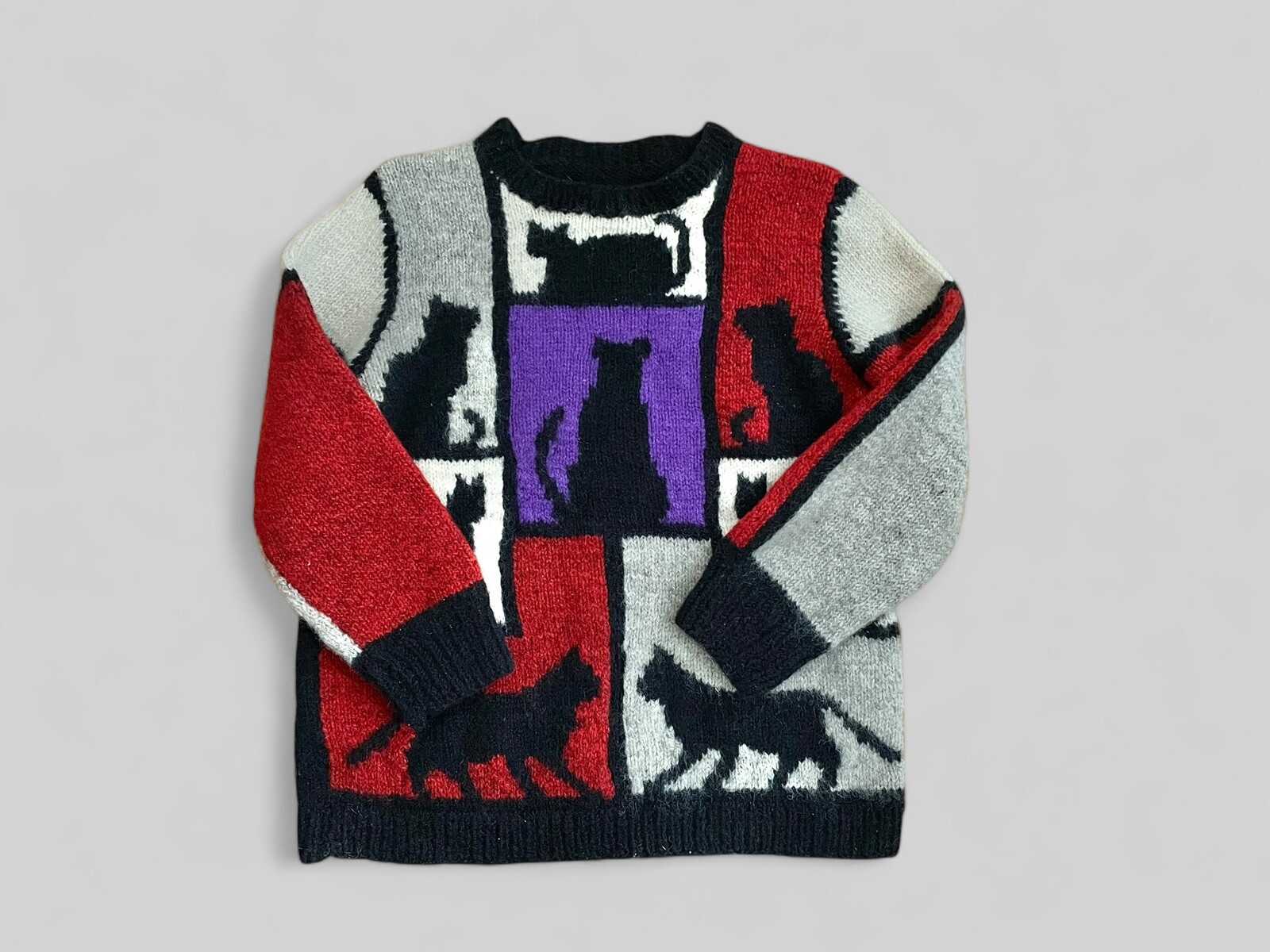 VTG Black Cat Patchwork Sweater Handmade Color Block Retro 80’s 90’s Grunge S/M