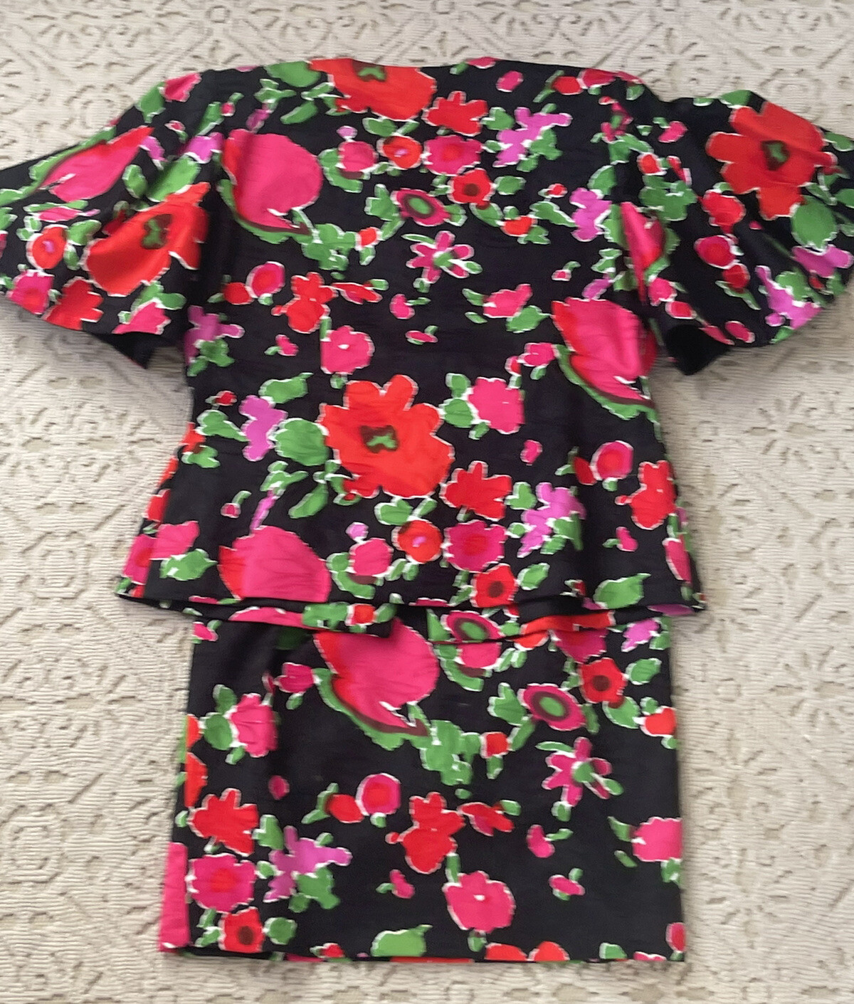 Stunning Vintage 1980’s Pauline Trigere Black Pink Floral Cocktail Ensemble