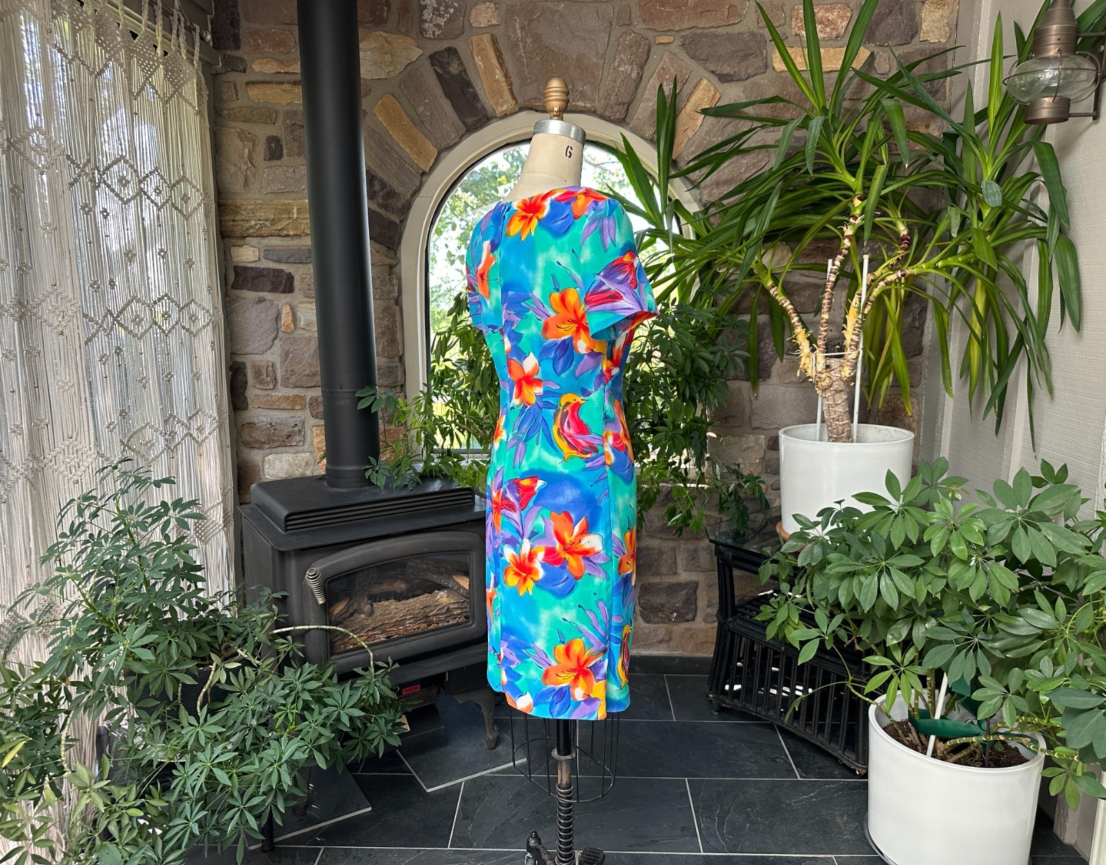 Vintage 1990s Blue and Orange Rayon Floral Sarong Style Dress K C Spencer