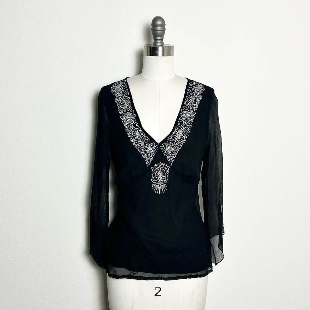 Vintage NYC Design Co. 100% Silk Black Embroidered Blouse Size S