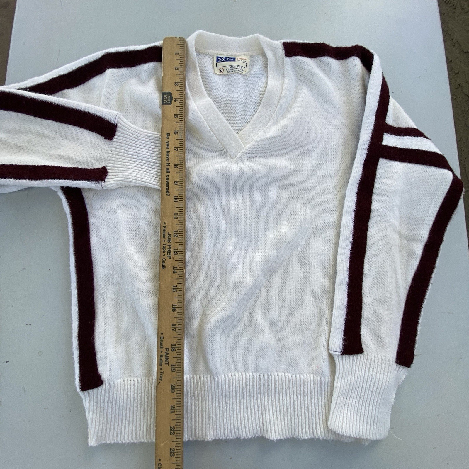 Vintage Ivory Cheer Sweater V-Neck Varsity Brown Stripe Acrylic USA Made Sz M