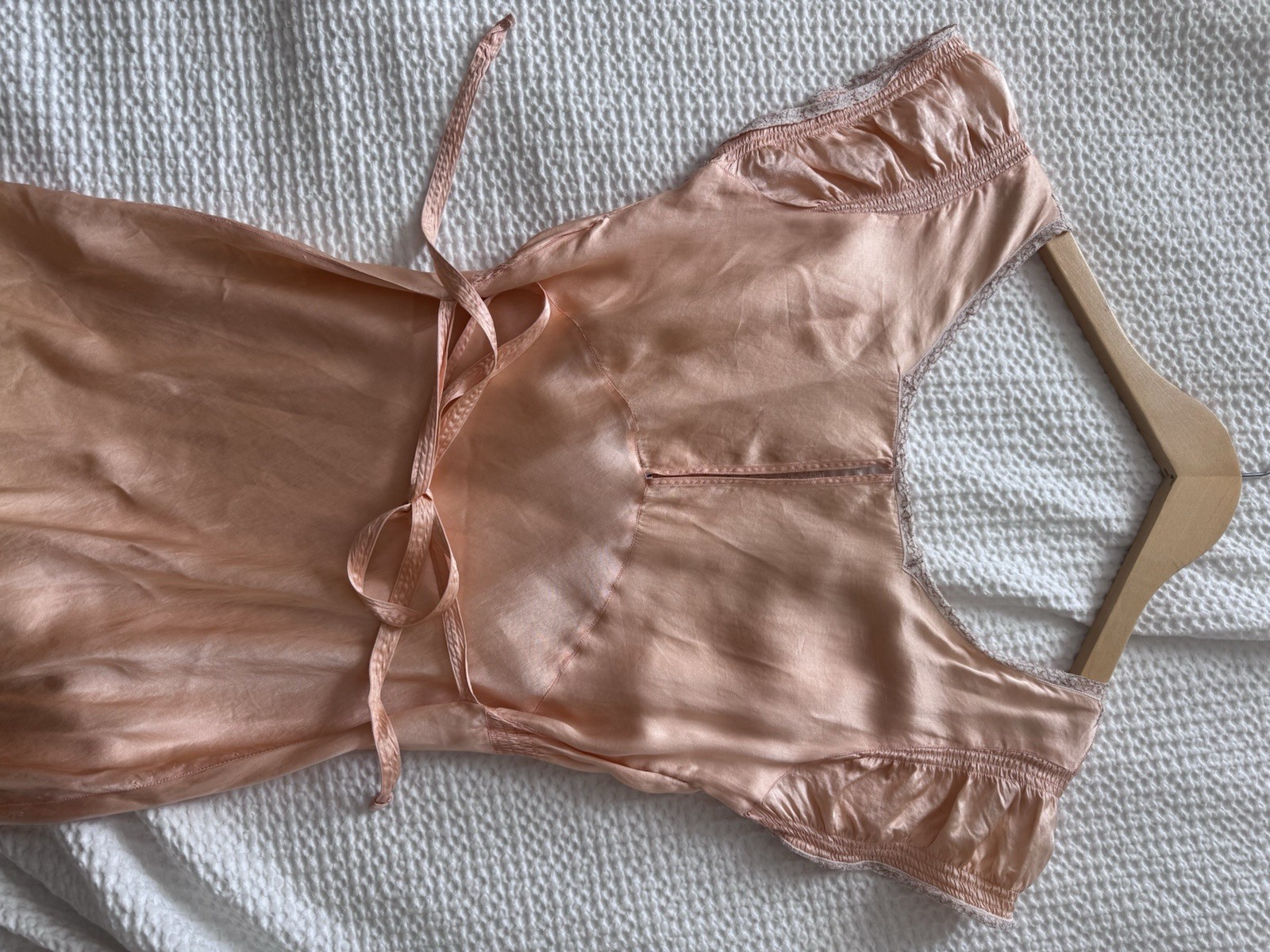 1930s Silk Lace Bias Cut Gown – Peach Blush Sheer Evening Dress Nightgown