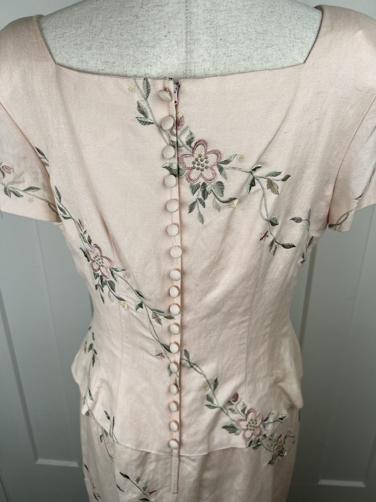 Vintage Donna Morgan Dress 10 Pink Linen Blend Embroidered Floral Midi Cottage