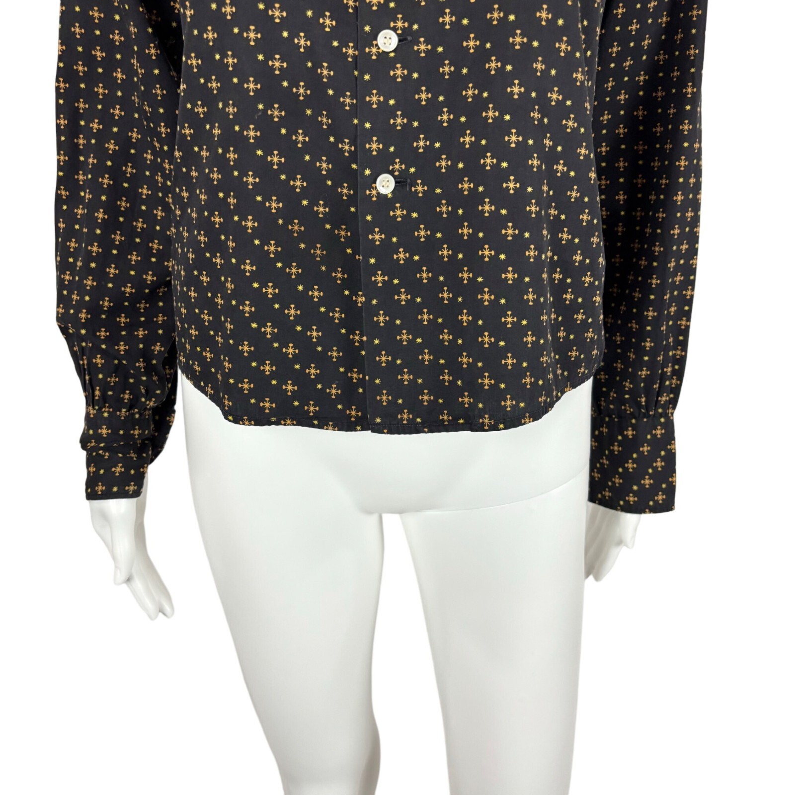 Vintage 50s Novelty Blouse Women’s Small Starburst Stars Print Black Yellow Top