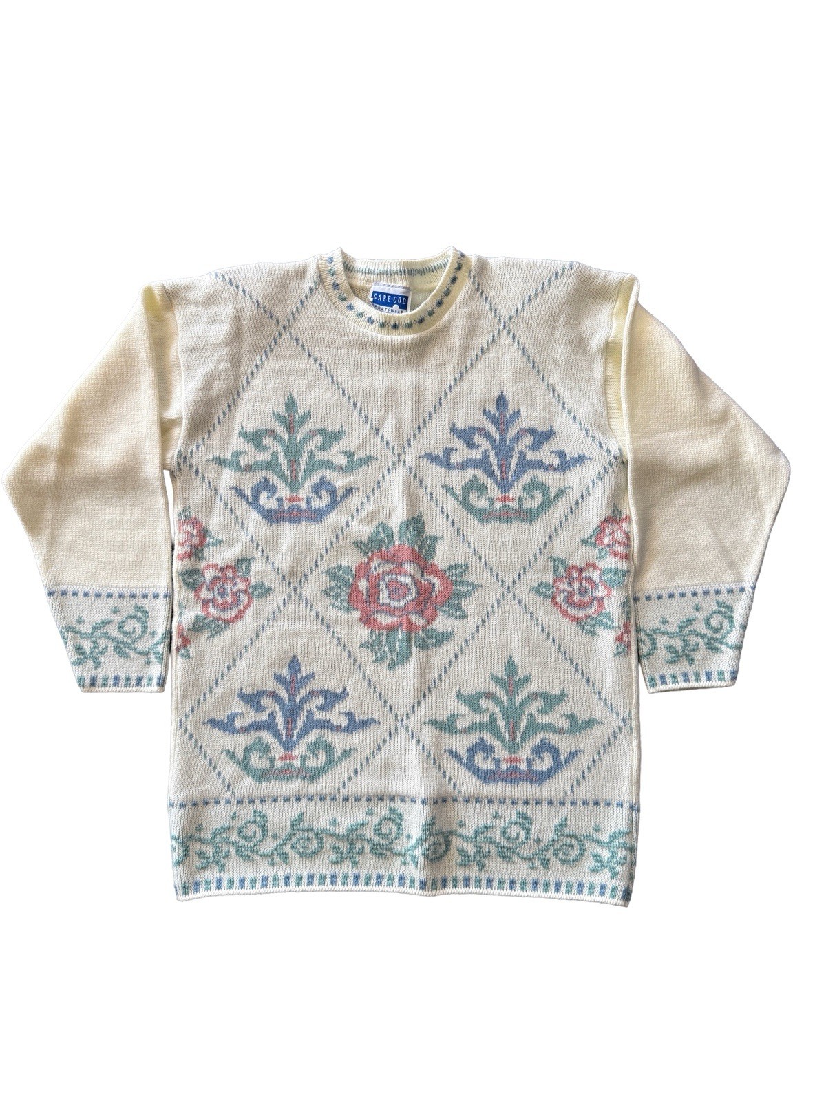 Vintage 1980s Cape Cod Sportswear Floral Scroll Argyle Long Sweater Pastels M
