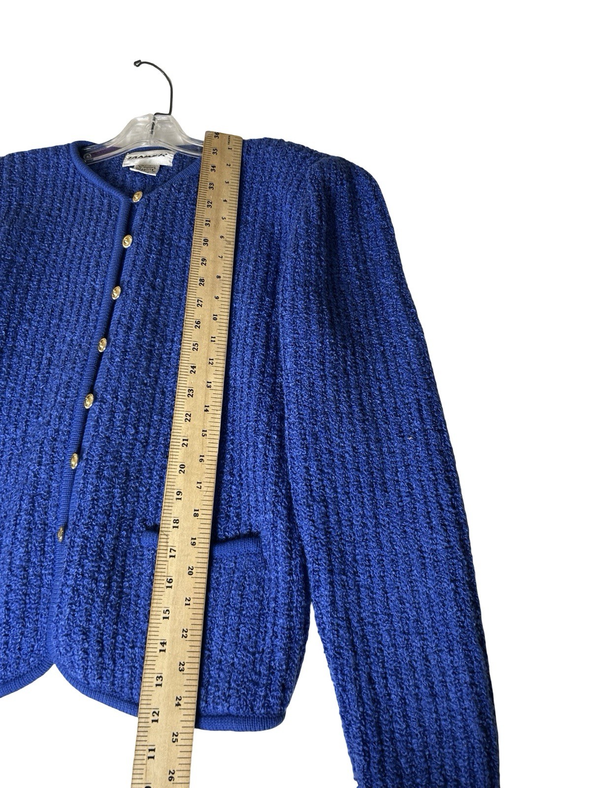 VTG TANNER Boucle Cardigan Sweater Size XL Royal Blue Gold Button Twee Hong Kong