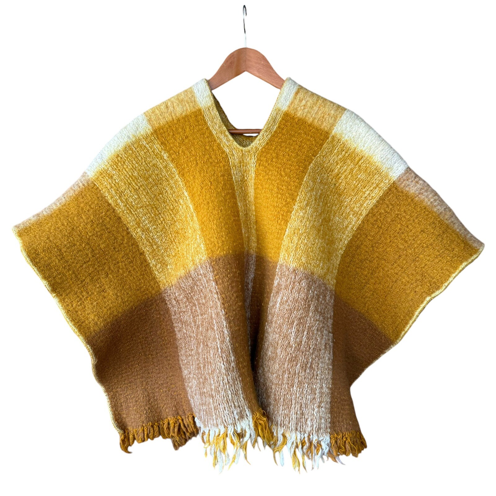 Vtg Heavy Wool Blanket Poncho Plaid Fringe Gold Yellow Tan White