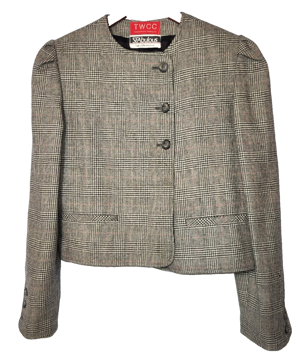 VTG SFAbulous Glen Plaid Cropped Offset Buttoned Blazer Pleated Skirt Set Sz 6/8