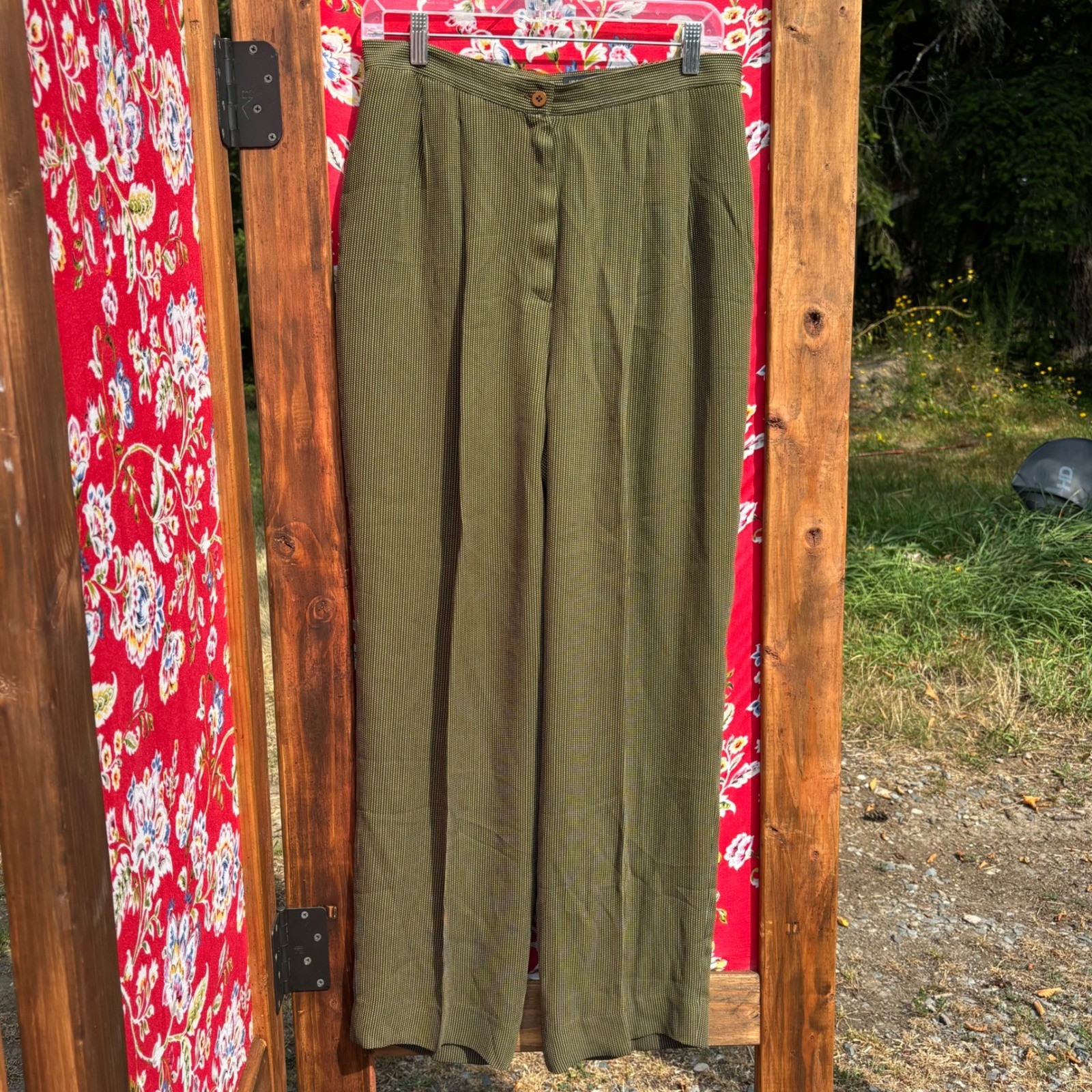 Vintage Army+Chartreuse Green Polka Dot High Rise Wide Leg Trouser Pants Size L