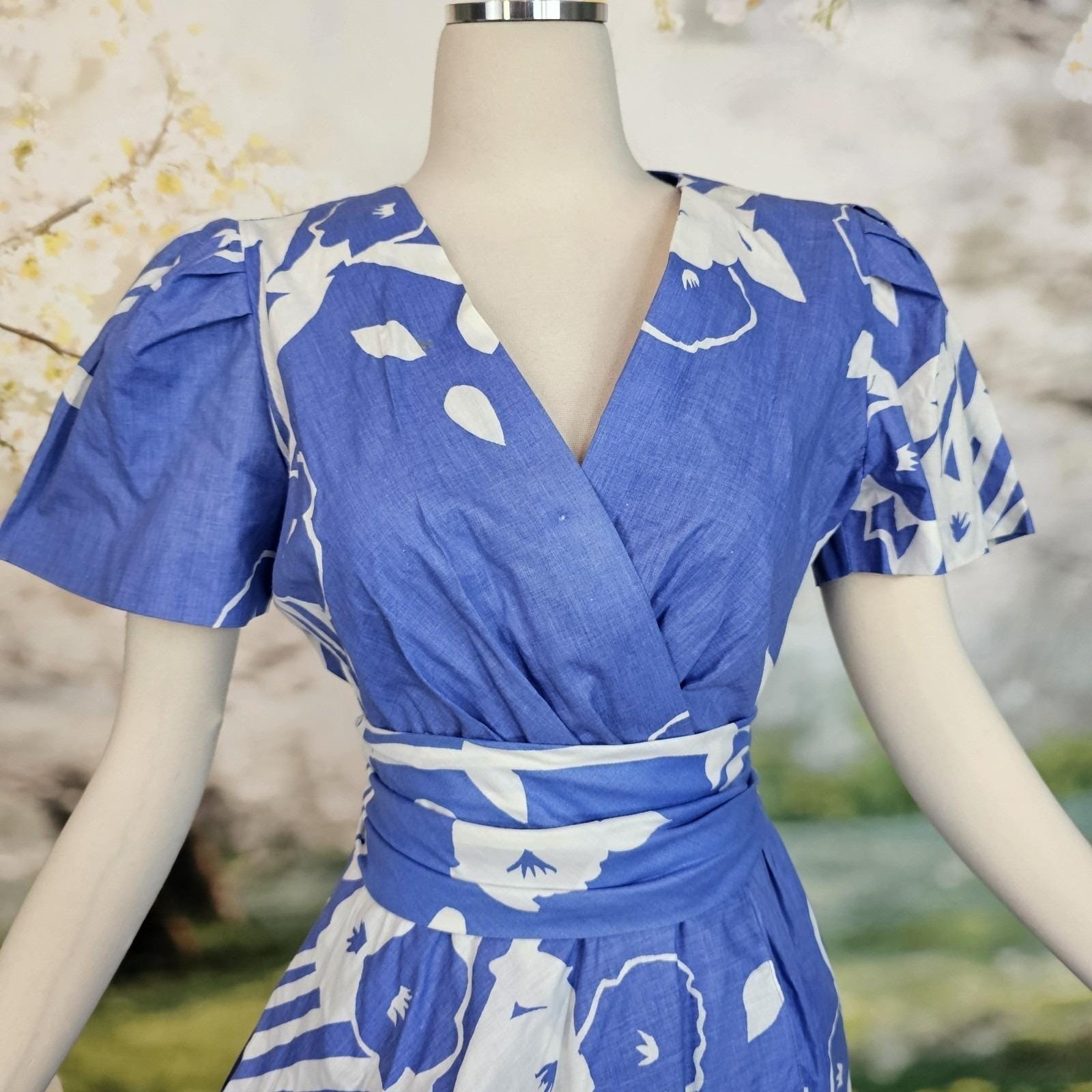 Vintage Faux Wrap Style Dress Sky Blue White Floral Print Fluttery Sleeves Gown