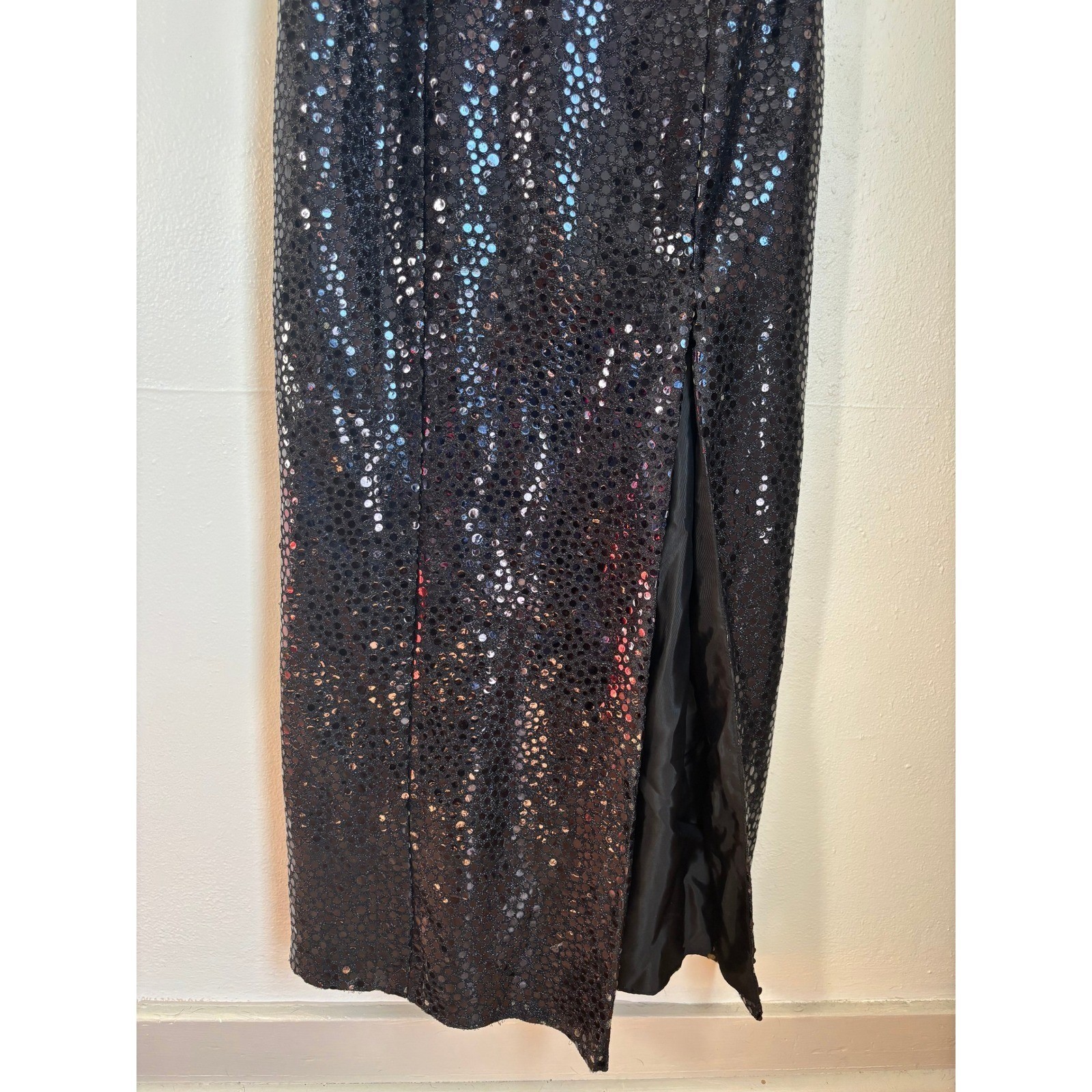 Vintage Michele Vincent Black Sequin Maxi Dress 90s Prom Gown Size 13/14