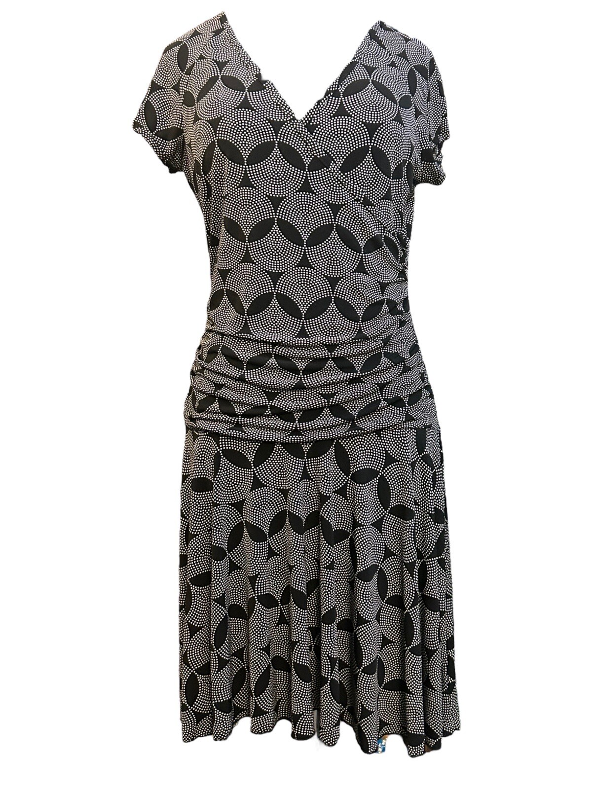 BCX V-Neck Cap Sleeve Ruching Bl/Wh Geo Print Short Faux Wrap Dress Women L VTG